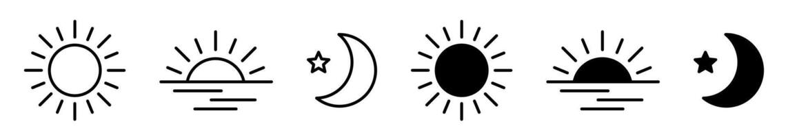 Time of the day signs. Rising and setting sun icon, crescent moon and stars, day and night time symbols. vector