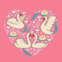 Postcard with swans on the pond. graphics. vector
