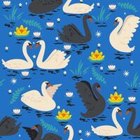 Seamless pattern with swans on the pond. graphics. vector