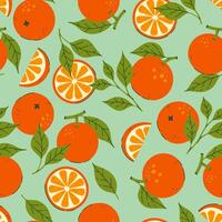 Bright seamless pattern of oranges on a light green background. graphics. vector