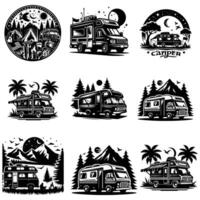 camp illustration of a camper's paradise, with trees, mountains, and a camp car black vector