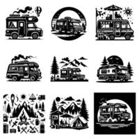 camp illustration of a camper's paradise, with trees, mountains, and a camp car black vector