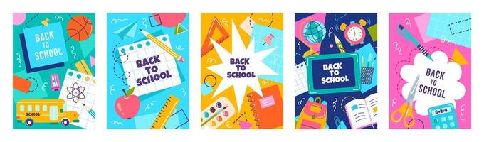 Posters big set in trendy style with geometric shapes, design elements on school themes. Back to school, education concept vector