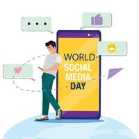 Man is depicted leaning against a big phone screen showing World Social Media Day. He is engaging with his cellphone, surrounded by icons such as a heart, thumbs-up, smiley face and speech bubbles vector