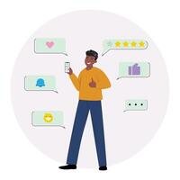 Black man standing and giving a thumbs-up with one hand while holding a cellphone showing a chat with the other vector
