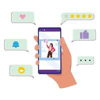 Smartphone showing a woman's social media post with a megaphone. The image is surrounded by digital interaction icons, including likes, comments, notifications and star ratings vector