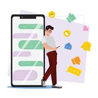 Online chatting concept with a man standing next to the big smartphone and surrounded with social media elements vector