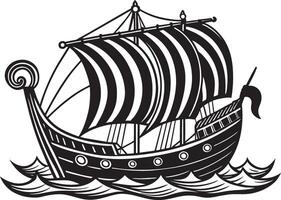An ancient merchant ship with sails decorated with Slavic ornaments on waves vector