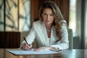 Elegant Middle Aged Woman Signing Document at Desk photo