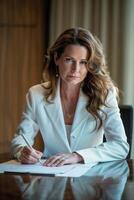 Elegant Middle Aged Woman Signing Document at Desk photo