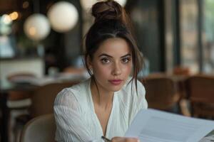 Young Woman Reading Documents in Cafe photo