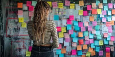 Woman Observing Colorful Paper Stickers and Sticky Notes on Wall, Back View photo