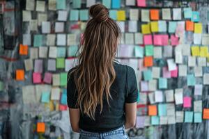 Woman Observing Colorful Paper Stickers and Sticky Notes on Wall, Back View photo