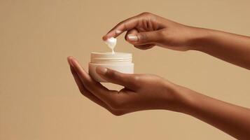 Mock Up of Hands Scooping Cream from a Jar on Beige Background, Beauty and Cosmetics Product photo