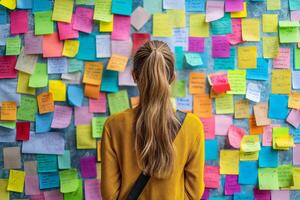 Woman in Yellow Jacket Viewing Colorful Paper Stickers and Sticky Notes on Wall, Back View photo