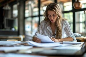 Young Woman Reviewing Documents at a Table photo