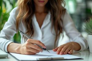 Woman Signing a Document at a Desk photo