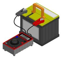 Isometric digital multimeter measures voltage of car battery. Maintaining battery power. Maintenance in car repair shop. Realistic 3D isolated on white background vector