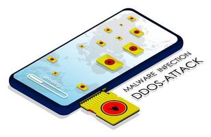 Isometric smartphone with memory card infected digital virus. Infection of mobile devices with malware. Cyber crime. Realistic 3D isolated on white background vector