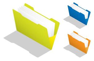 isometric Open yellow folder with documents. Empty filled. Remove paper sheet from the folder. Realistic 3D isolated on white background vector