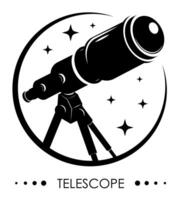 Monochrome emblem Telescope on tripod for observing space, stars and planets of solar system. Space exploration. Black and white on white background vector