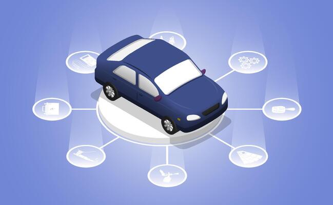 Business concept. Car on pedestal with symbols of auto service center. Seasonal car service in workshop