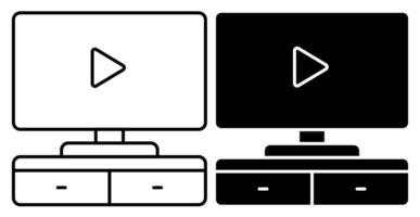 Linear icon. Flat screen TV on home theater table. Watching movie at home on larger screen. Simple black and white isolated on white background vector