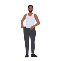 Smiling young man in loose pants show results of diet. vector