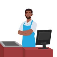 Supermarket store counter desk and cashier clerk in uniform folded his hands. vector