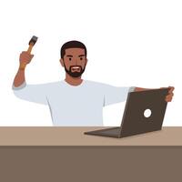 Angry man smashes laptop screen with hammer because of intrusive ads that interfere with surfing Internet. vector