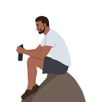 Young Hiker sitting on cliff of a mountain and looking through binoculars. vector