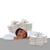 Unhappy depressed man office worker sitting with head on heap of documents and feeling stressed and tired in office. vector