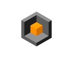 Cube logo, geometric design. Box logotype company, trendy tech emblem in pixel style. vector