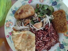 View of plate of food on table photo