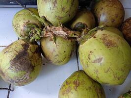 High angle of coconuts on a shelf and on the floor photo