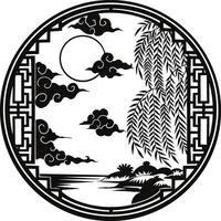 chinese round painting with a tree and moon vector