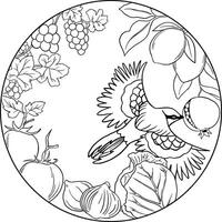 a coloring page with a bird and fruit vector