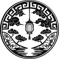 a black and white logo of a lantern hanging from a tree vector