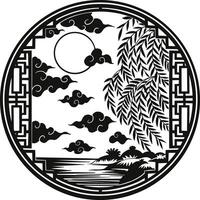 a black and white chinese style illustration of a tree and a moon vector