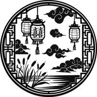 chinese lanterns and clouds in a round frame vector