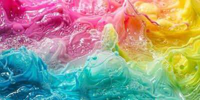 Artwork with dynamic blend of neon pastel shades, creating vibrant abstract fluid art with integrated bubbles photo