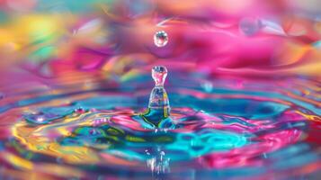 Vibrant droplets are creating ripples in colorful water, showing a dynamic and captivating movement photo