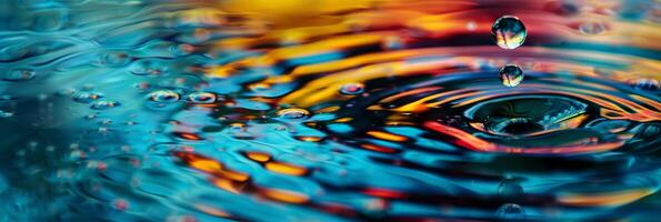Vibrant droplets are creating ripples in colorful water, showing a dynamic and captivating movement photo