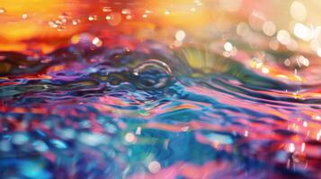 Vibrant macro shot of water surface with colorful reflections and bokeh lights. Perfect for creative projects. photo