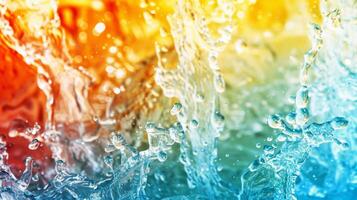 Lively abstract image of colorful rainbow water splashes and bubbles blending in a dynamic composition. photo