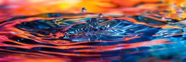 Vibrant droplets are creating ripples in colorful water, showing a dynamic and captivating movement photo