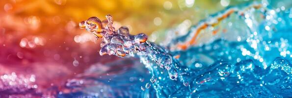 Lively abstract image of colorful rainbow water splashes and bubbles blending in a dynamic composition. photo