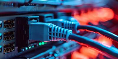 Network cables in a data center connect servers with LED lights for fast and efficient data communication photo