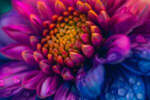 A closeup photo showing the vivid colors and intricate details of a flower adorned with water droplets