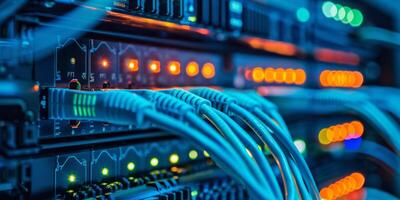 Network cables in a data center connect servers with LED lights for fast and efficient data communication photo